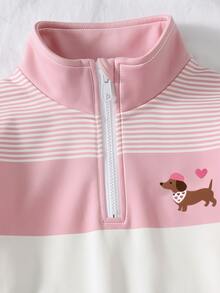 Striped Cute Puppy Pattern Half-Zip Sweatshirt, Suitable For Little Girls To Wear In Autumn And Winter, Comfortable Simple Casual Daily Style - Multicolor - View 7