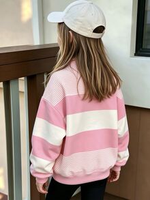 Striped Cute Puppy Pattern Half-Zip Sweatshirt, Suitable For Little Girls To Wear In Autumn And Winter, Comfortable Simple Casual Daily Style - Multicolor - View 5