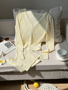 SHEIN EZwear 女式奶油色休闲长袖上衣和短裤两件套，适合夏季度假、沙滩装、家居服、春假 - 黃色 - 查看 6
