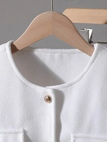 SHEIN 青少年女孩休閒百搭黑白對比飾邊翻領大口袋秋冬羊毛外套 - 白色 - 查看 3