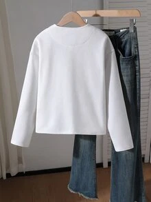 SHEIN 青少年女孩休閒百搭黑白對比飾邊翻領大口袋秋冬羊毛外套 - 白色 - 查看 2
