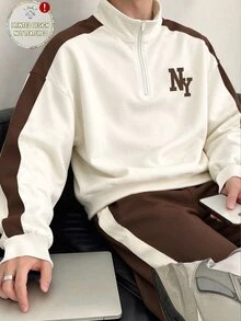 半拉鍊長袖運動衫與長褲套裝，高品質時尚數位印花，適合男孩秋季穿著，舒適極簡休閒街頭日常風格 - 彩色 - 查看 5