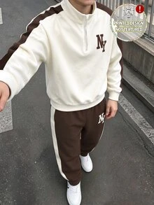 半拉鍊長袖運動衫與長褲套裝，高品質時尚數位印花，適合男孩秋季穿著，舒適極簡休閒街頭日常風格 - 彩色 - 查看 6
