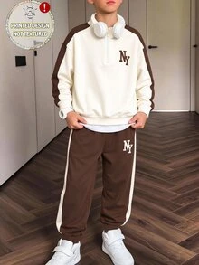 半拉鍊長袖運動衫與長褲套裝，高品質時尚數位印花，適合男孩秋季穿著，舒適極簡休閒街頭日常風格 - 彩色 - 查看 4