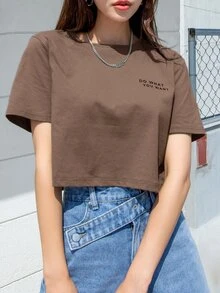 DAZY Slogan Print Short Sleeve T-Shirt DO WHAT YOU WANT Summer,Crop Tops Women - Coffee Brown - View 6