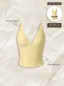 SHEIN Swim Women's Random Print Deep V-Neck Camisole Bikini Top, Spring/Summer Beach Vacation Yellow White Cute Sexy - Multicolor - View 1