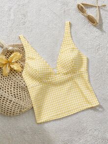 SHEIN Swim Women's Random Print Deep V-Neck Camisole Bikini Top, Spring/Summer Beach Vacation Yellow White Cute Sexy - Multicolor - View 2