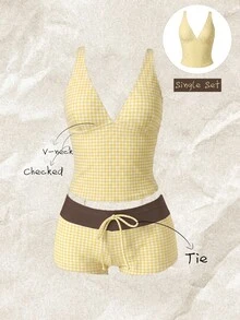 SHEIN Swim Women's Random Print Deep V-Neck Camisole Bikini Top, Spring/Summer Beach Vacation Yellow White Cute Sexy - Multicolor - View 4