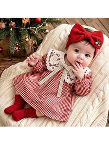 Loomiva Newborn Baby Girl Floral Pattern Red Plaid Contrast Color Peter Pan Collar Long Sleeve Dress, Versatile And Comfortable - Red - View 1