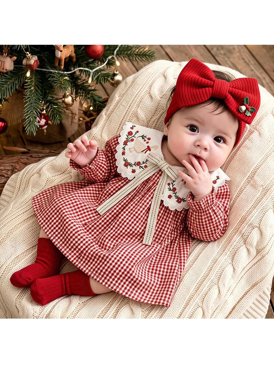 Loomiva Newborn Baby Girl Floral Pattern Red Plaid Contrast Color Peter Pan Collar Long Sleeve Dress, Versatile And Comfortable - Red - View 1