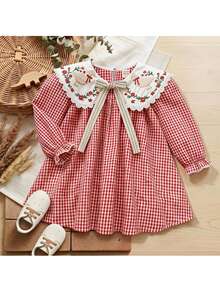 Loomiva Newborn Baby Girl Floral Pattern Red Plaid Contrast Color Peter Pan Collar Long Sleeve Dress, Versatile And Comfortable - Red - View 3