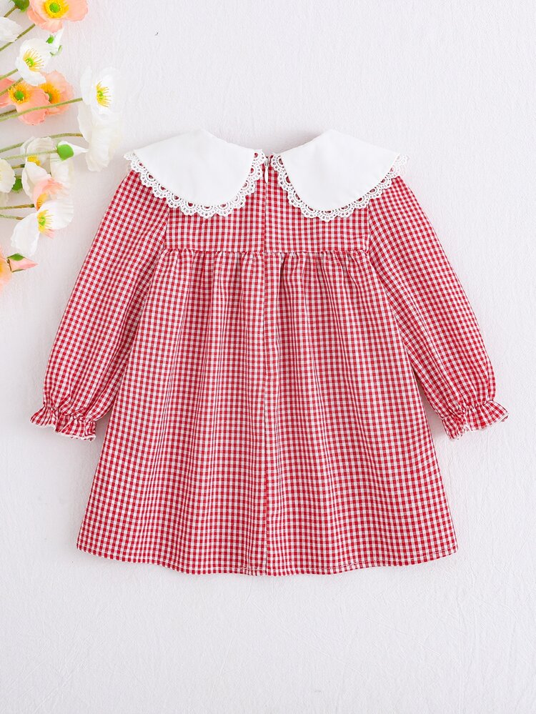 Loomiva Newborn Baby Girl Floral Pattern Red Plaid Contrast Color Peter Pan Collar Long Sleeve Dress, Versatile And Comfortable - Red - View 2