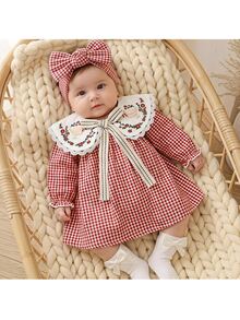 Loomiva Newborn Baby Girl Floral Pattern Red Plaid Contrast Color Peter Pan Collar Long Sleeve Dress, Versatile And Comfortable - Red - View 7