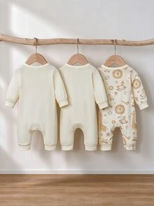 SHEIN Playful Pals 3件組嬰兒男/女寶獅子與長頸鹿印花側開扣長袖連身衣，柔軟保暖新生兒連身衣套裝，適合秋冬 - 黃色 - 查看 2