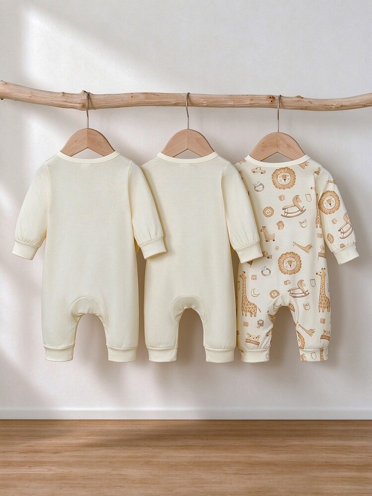 SHEIN Playful Pals 3PCS Baby Boy/Girl Lion & Giraffe Print Side Snap Long Sleeve Jumpsuit, Soft Warm Newborn Romper Set For Autumn Winter - Yellow - View 2