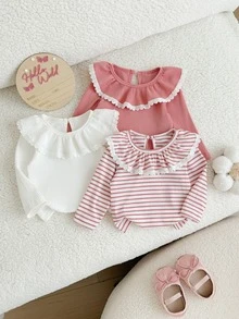 SHEIN 3pcs Toddler Baby Girls T-Shirt Tops Cute Sweet Pink White Ribbed Ruffle Lace Long Sleeve Round Neck Regular Fit Birthday Fall Pullover Cardigan - Multicolor - View 8