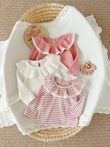 SHEIN 3pcs Toddler Baby Girls T-Shirt Tops Cute Sweet Pink White Ribbed Ruffle Lace Long Sleeve Round Neck Regular Fit Birthday Fall Pullover Cardigan - Multicolor - View 5