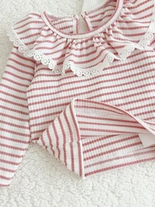 SHEIN 3pcs Toddler Baby Girls T-Shirt Tops Cute Sweet Pink White Ribbed Ruffle Lace Long Sleeve Round Neck Regular Fit Birthday Fall Pullover Cardigan - Multicolor - View 7