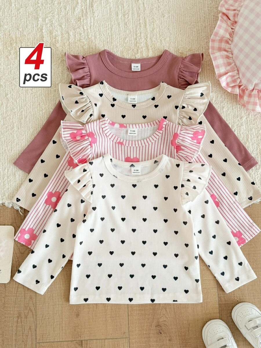 SHEIN 4件組幼兒女嬰上衣 可愛酒紅象牙白粉色 愛心花卉條紋 針織羅紋長袖圓領 標準版型 荷葉邊保暖節日女童上衣