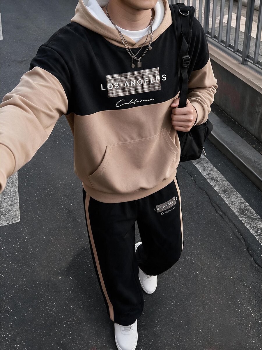 SHEIN 男童秋冬兩件套,棕色與黑色拼接連帽衛衣與束口運動長褲,棕色與黑色拼接連帽上衣配格紋與文字印花,搭配側邊棕色條紋束口長褲,簡約時尚休閒套裝 - 黑色 - 查看 1