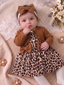 SHEIN 2 Potong Gaun Bayi Motif Leopard yang Modis - Coklat - View 4