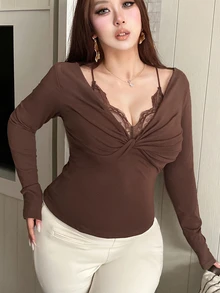 REIGN AVE Plus Size Fitted Solid Color Contrast Lace Cropped Long Sleeve Versatile T-Shirt Going Out Tops Women - Brown - View 4