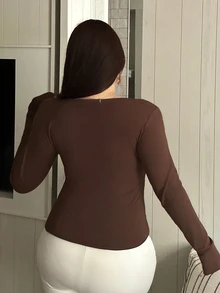 REIGN AVE Plus Size Fitted Solid Color Contrast Lace Cropped Long Sleeve Versatile T-Shirt Going Out Tops Women - Brown - View 2