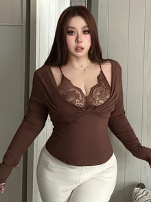 REIGN AVE Plus Size Fitted Solid Color Contrast Lace Cropped Long Sleeve Versatile T-Shirt Going Out Tops Women - Brown - View 7
