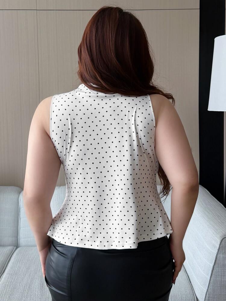 REIGN AVE Plus Size Women's Polka Dot Print Pleated V-Neck Sleeveless Casual Fitted Tank Top, Spring/Summer Graphic Tee - White - View 3
