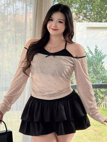 REIGN AVE Plus Size Bowknot Decor Neck Tie Wrap Front Long Sleeve T-Shirt Going Out Tops Women Off The Shoulder - Apricot - View 5