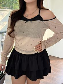 REIGN AVE Plus Size Bowknot Decor Neck Tie Wrap Front Long Sleeve T-Shirt Going Out Tops Women Off The Shoulder - Apricot - View 2
