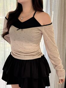 REIGN AVE Plus Size Bowknot Decor Neck Tie Wrap Front Long Sleeve T-Shirt Going Out Tops Women Off The Shoulder - Apricot - View 1