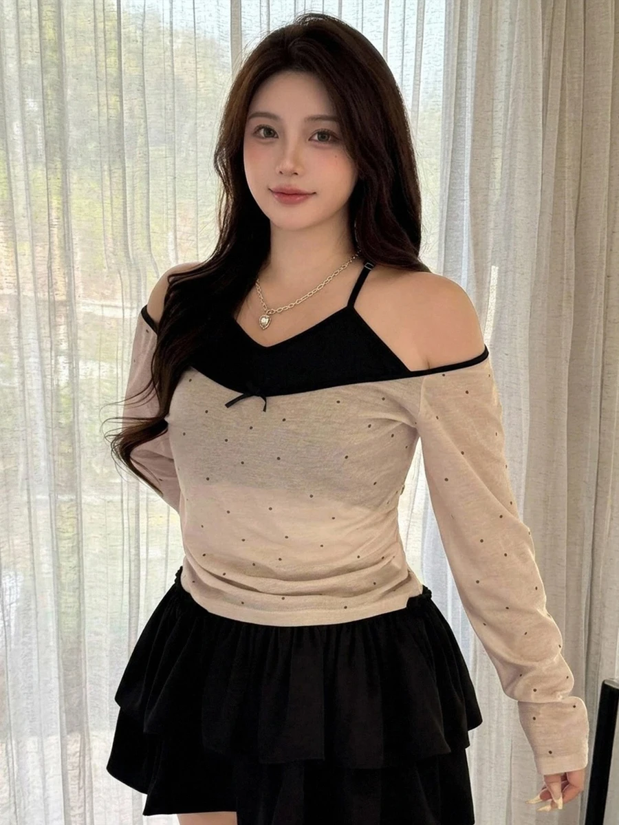 REIGN AVE Kaos Lengan Panjang Wanita Ukuran Besar dengan Hiasan Pita di Leher dan Tali Pengikat di Bagian Depan, Atasan untuk Acara Keluar Rumah, Model Bahu Terbuka. - Aprikot - View 1