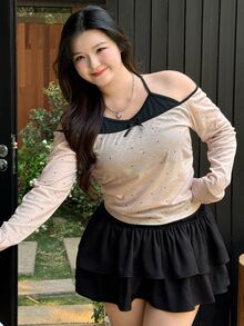 REIGN AVE Plus Size Bowknot Decor Neck Tie Wrap Front Long Sleeve T-Shirt Going Out Tops Women Off The Shoulder - Apricot - View 3