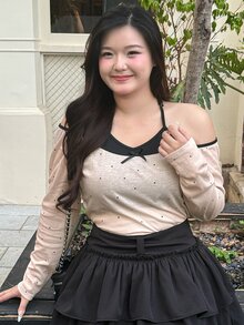 REIGN AVE Plus Size Bowknot Decor Neck Tie Wrap Front Long Sleeve T-Shirt Going Out Tops Women Off The Shoulder - Apricot - View 6