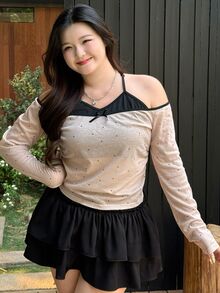 REIGN AVE Plus Size Bowknot Decor Neck Tie Wrap Front Long Sleeve T-Shirt Going Out Tops Women Off The Shoulder - Apricot - View 4