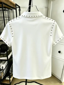 Resyla Hot-Selling New Style, Cool Chic Pure White Rivet Decor Lapel V-Neck Women's Short Sleeve T-Shirt, Suitable For Daily Wear, School, Street, Dating And Travel - Multicolor - View 2