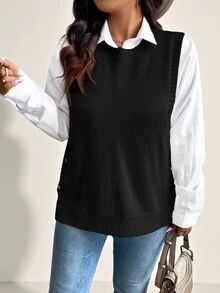 Comfylo Plus Size Loose Buttoned Hem Split Pullover Sweater Vest Business Casual Woman,Holiday Outfits,Country Tops In Fall/Winter - Black - View 2