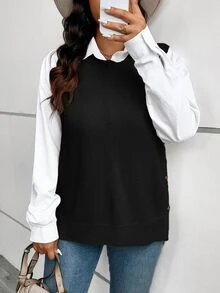 Comfylo Plus Size Loose Buttoned Hem Split Pullover Sweater Vest Business Casual Woman,Holiday Outfits,Country Tops In Fall/Winter - Black - View 5