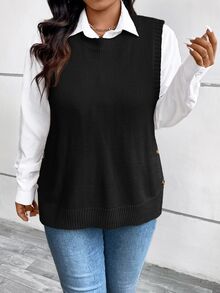 Comfylo Plus Size Loose Buttoned Hem Split Pullover Sweater Vest Business Casual Woman,Holiday Outfits,Country Tops In Fall/Winter - Black - View 3