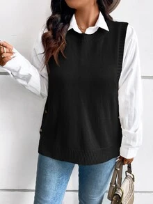 Comfylo Plus Size Loose Buttoned Hem Split Pullover Sweater Vest Business Casual Woman,Holiday Outfits,Country Tops In Fall/Winter - Black - View 7