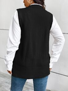Comfylo Plus Size Loose Buttoned Hem Split Pullover Sweater Vest Business Casual Woman,Holiday Outfits,Country Tops In Fall/Winter - Black - View 8