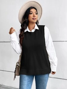 Comfylo Plus Size Loose Buttoned Hem Split Pullover Sweater Vest Business Casual Woman,Holiday Outfits,Country Tops In Fall/Winter - Black - View 4