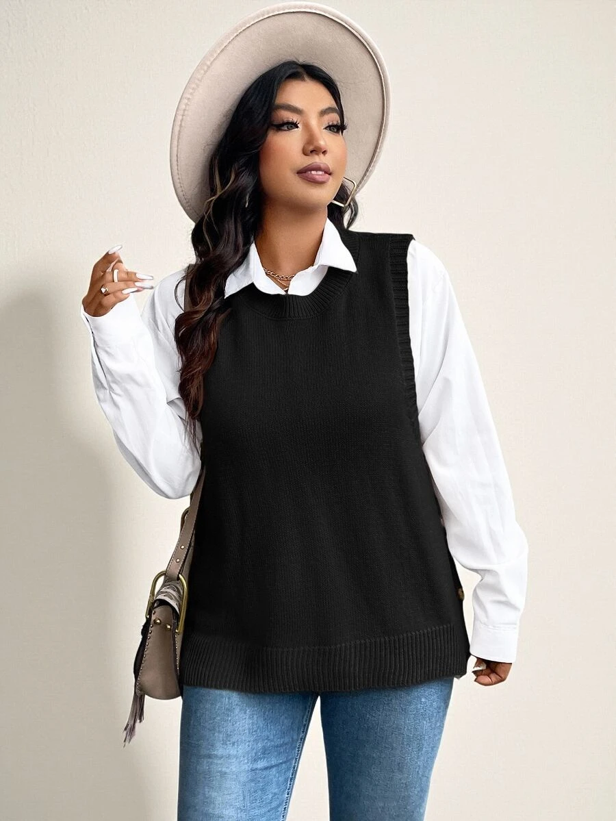 Comfylo Plus Size Loose Buttoned Hem Split Pullover Sweater Vest Business Casual Woman,Holiday Outfits,Country Tops In Fall/Winter - Black - View 1