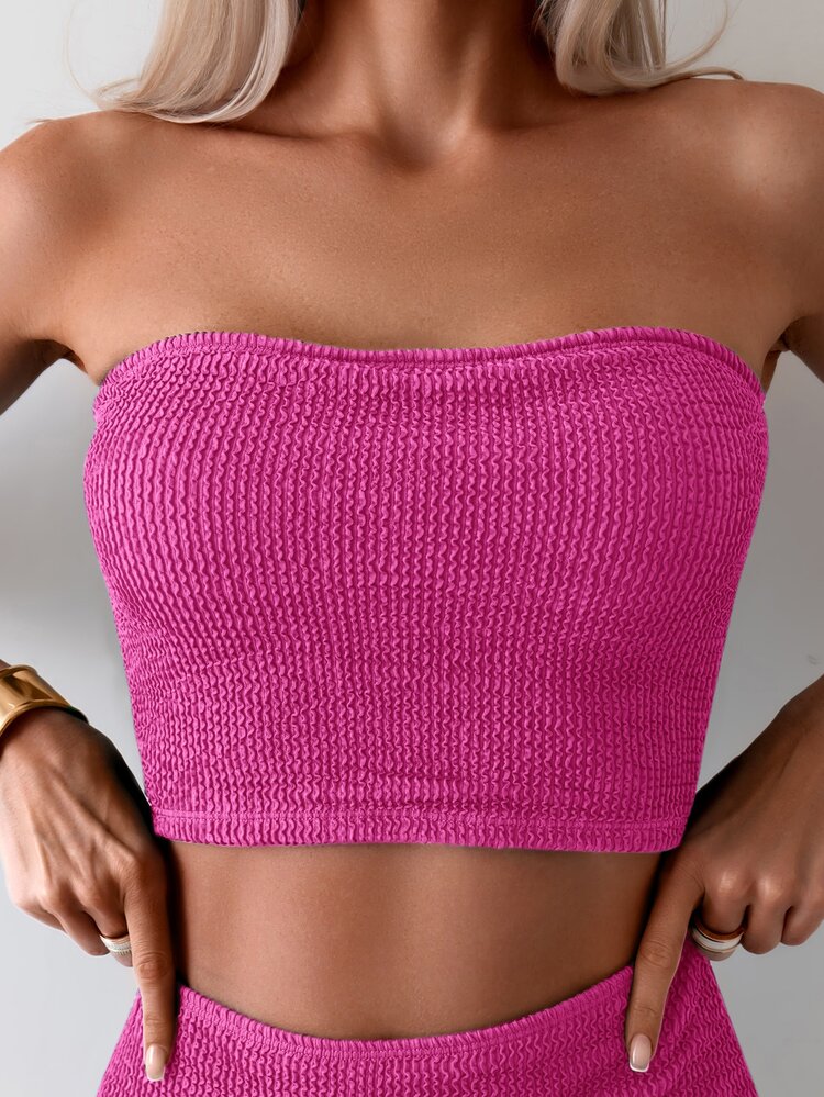 Swim Chiccia Ladies' Summer Beach Solid Textured Triangle Tankini Set - Hot Pink - View 8