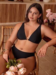 Swim Chiccia Plus Size Women One-Piece Solid Color Sexy Elegant Swimwear Top Party Vacation Black Summer - Black - View 1