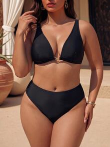 Swim Chiccia Plus Size Women One-Piece Solid Color Sexy Elegant Swimwear Top Party Vacation Black Summer - Black - View 5