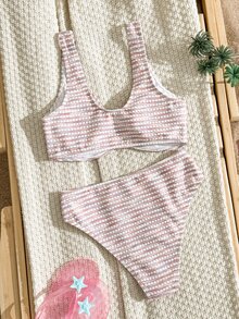 Swim Chiccia 女款夏季海灘派對條紋拼色抓皺比基尼上衣與三角褲兩件式泳衣套裝 粉色與白色條紋 熱帶性感 - 彩色 - 查看 5