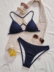 Swim Chiccia 26SS 女款春夏海灘派對穿搭 比基尼套裝 2件組 度假 INS 網紅風 性感辣妹優雅 BOHO 紋理面料 海軍藍 - 藏蓝色 - 查看 8