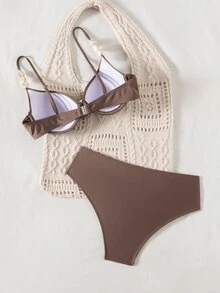 Swim Chiccia Traje de baño de dos piezas con triángulo fruncido, tirantes de espagueti, decoración de perlas y ajuste en la espalda, con soporte de aros, en unicolor para mujer - Café integral - Ver 6
